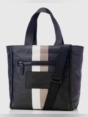 ALOHA Collection LeVoyageur Black Crossbody Tote with Tan and Beige Stripes